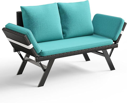 TAVATA Outdoor Convertible Sofa, Woven Rattan Loveseat Patio Furniture Couch with Adjustable Armrests, Removable Cushions & Pillows, Balcony Couch Daybed for Porch, Backyard, Deck, Poolside (Blue)