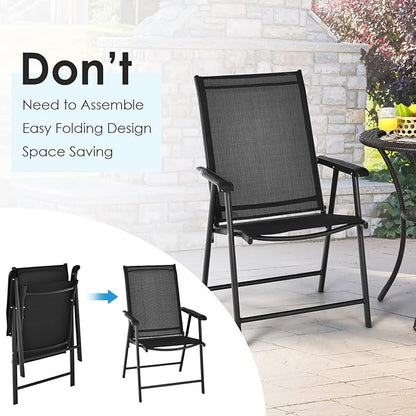 Giantex Set of 2 Patio Folding Chairs, Portable Outdoor Dining Chairs with Armrest for Porch Camping Pool Beach Deck Lawn Garden, Metal Frame, Black
