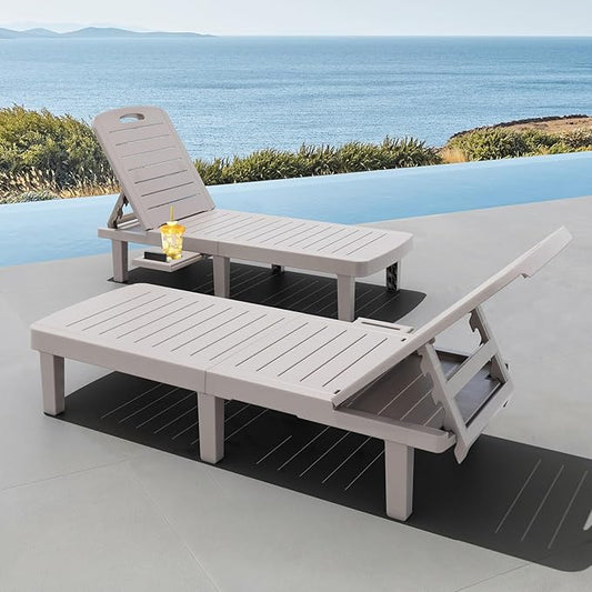 CDCASA Outdoor Chaise Lounge Set of 2, Pool Lounge Chairs w/5 Adjustable Positions & Side Tray, Waterproof Resin Lounges for Poolside,Yard,Garden,Sunbathing, for All Weather, Grey