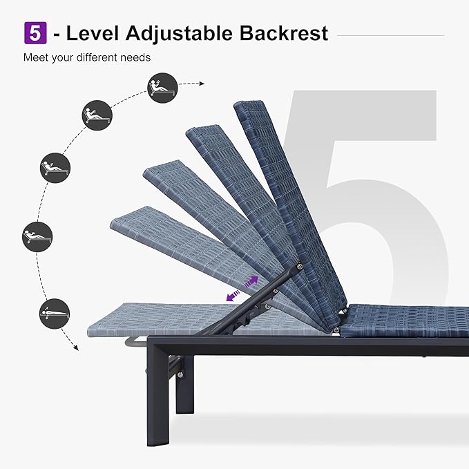 PURPLE LEAF Patio Chaise Lounge Rattan Chair Outdoor Pool Adjustable Recliner Wicker Lounger for Outside Woven Furniture Tanning Poolside Lounger Navy Blue