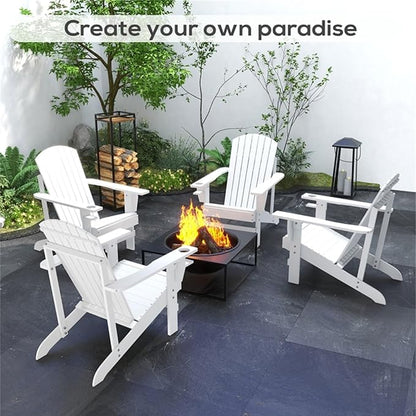 Folding Adirondack Chair, Weather Resistant Outdoor Patio Chair with Cup Holder for Lawn, Backyard, Poolside(White)