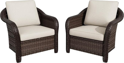 Patio PE Rattan Chairs Set of 2, All-Weather & Steel Frame Outdoor Conversation Furniture Set with Washable Cushions for Garden, Bistro, Deck, Yard (Beige)