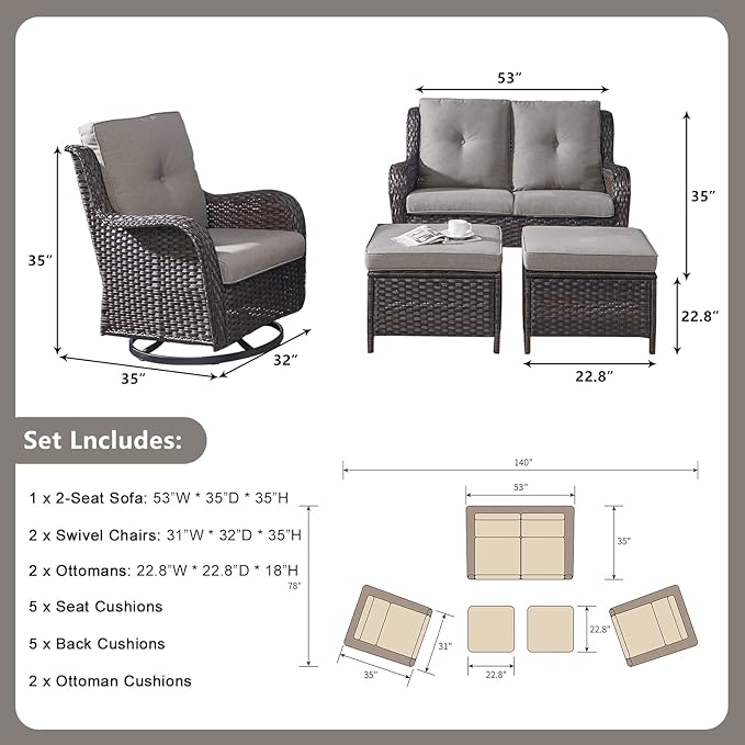 Rilyson Wicker Patio Furniture Set - 5 Piece Rattan Outdoor Sectional Conversation Sets with 2 Rocking Swivel Chairs - Photo 2