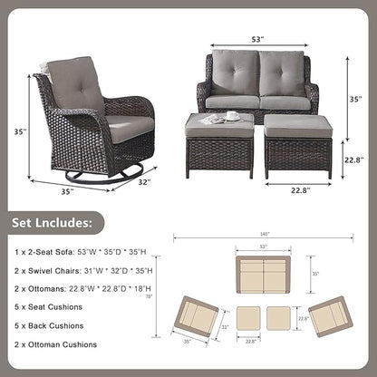 Rilyson Wicker Patio Furniture Set - 5 Piece Rattan Outdoor Sectional Conversation Sets with 2 Rocking Swivel Chairs,2 Ottomans and 1 Loveseat for Porch Deck Garden(Brown/Grey)