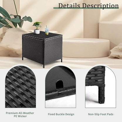 VINGLI Outdoor Side Table with Storage, 27-Gallon Patio Deck Box Outdoor Wicker Side Table for Poolside Balcony Storage Table (Black, Square)