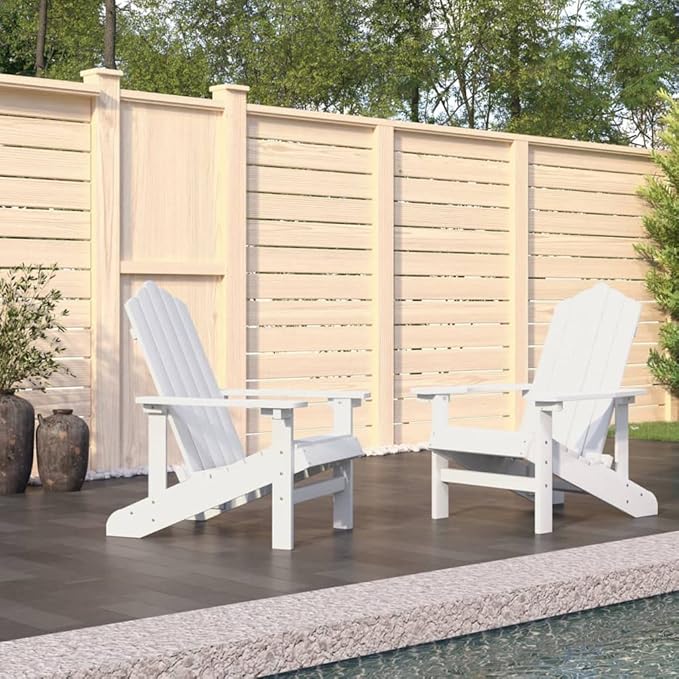 White HDPE Adirondack Garden Chair Set of 2, High-Density Polyethylene Outdoor Patio Furniture with High Backrest and Wide Armrests, Durable Weather-Resistant Easy Assembly
