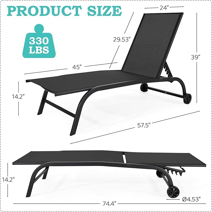 EROMMY Patio Chaise Lounge Chair Set of 2 with Wheels, Oversized 26" W Outdoor Lounge Chairs with Adjustable Backrest, Waterproof Poolside Lounge Chairs