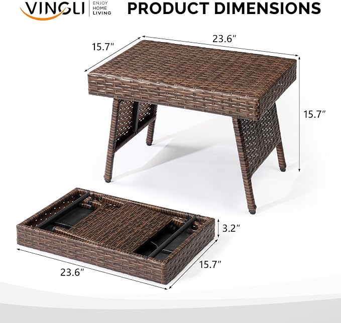 VINGLI Outdoor Folding Rattan Side Table, Portable Wicker End Table for Patio, Garden, Poolside, and Indoor Use, Mix Mocha