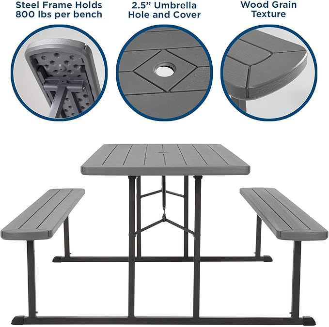 COSCO Outdoor Living 6 ft. Folding Picnic Table, Dark Gray Wood Grain Resin with Gray Steel Legs - Photo 5