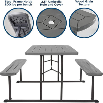 COSCO Outdoor Living 6 ft. Folding Picnic Table, Dark Gray Wood Grain Resin with Gray Steel Legs
