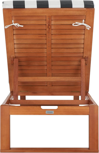 SAFAVIEH Outdoor Collection Solano Natural Brown Solid Wood/Navy Blue & White Stripe Cushion Patio Adjustable Chaise Lounge Chair (PAT7024H)