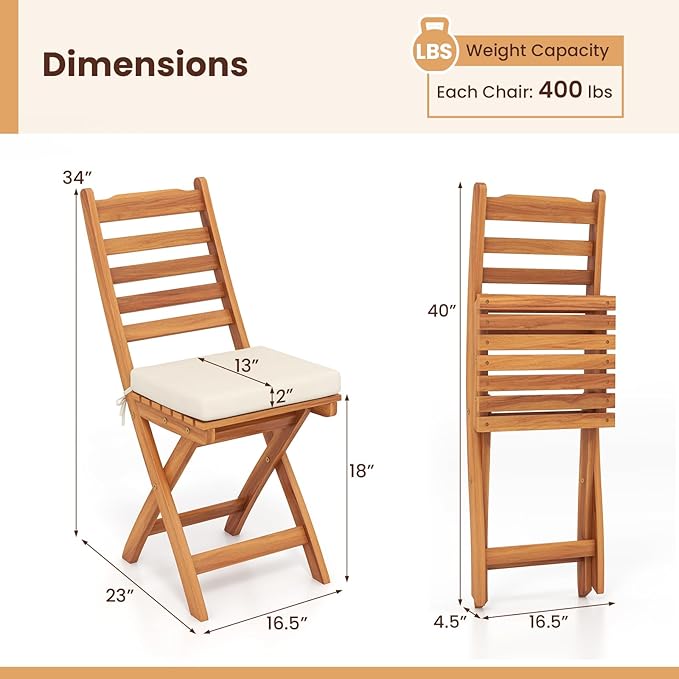 HAPPYGRILL Folding Patio Chairs Set Acacia Wood Outdoor Dining Chairs with Slatted Backrests and Soft Seat Cushions for Porch, Backyard and Garden, 400 LBS Weight Capacity (4,Back Style A)