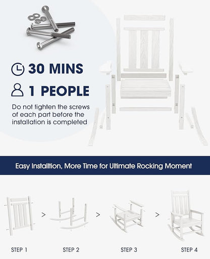 KINGYES Oversized Outdoor Rocking Chair Set of 8, All-Weather Patio Rocking Chairs for Porch, HDPE Outdoor Patio Rockers with High Back & Wide Seat for Garden, Lawn, White
