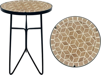 Mosaic Khaki Round Sode Tea Table,Valentine's Day Unique Furniture, Small End Outdoor Side Accent Bedside Dining Room Table, Indoor Balcony Outdoor Furniture, Balcony Valentine's Day Decor