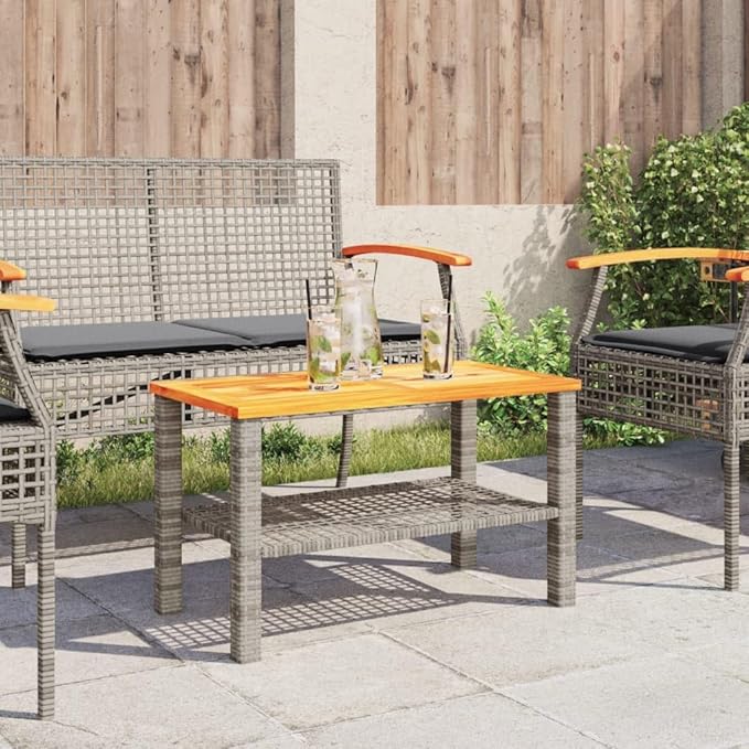 Grey PE Rattan Medium Durable Garden Table with Acacia Wood Top, 4-Person Seating - Photo 4