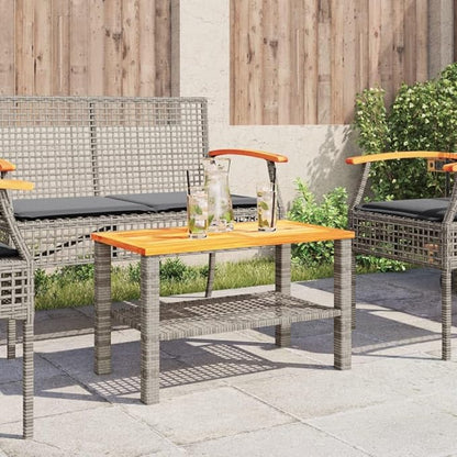 Grey PE Rattan Medium Durable Garden Table with Acacia Wood Top, 4-Person Seating, UV-Resistant and Rust-Proof for Outdoor Patio Balcony