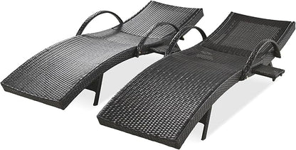 Outdoor Wicker Chaise Lounge Chairs Set of 2, Patio Rattan Sunbathing Recliners with Pull-Out Side Table and Adjustable Backrest for Pool (Dark Brown/2)