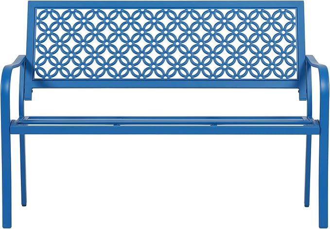 ONBRILL 50" Outdoor Bench, Garden Benches with Galvanized Metal Frame, Front Porch Bench with Floral Backrest, Patio Furniture with Adjustable Feet for Park, Yard, Lawn, Entryway, Blue