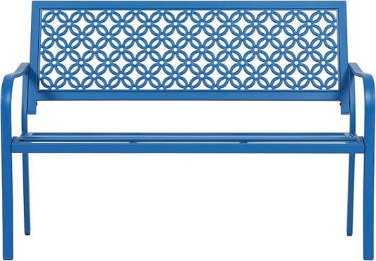 ONBRILL 50" Outdoor Bench, Garden Benches with Galvanized Metal Frame, Front Porch Bench with Floral Backrest, Patio Furniture with Adjustable Feet for Park, Yard, Lawn, Entryway, Blue