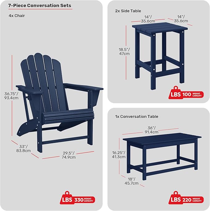 Costaelm Lakeview 7-Piece HDPE Outdoor Patio Furniture Adirondack Conversation Set, Navy Blue
