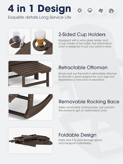 KINGYES Adirondack Rocking Chair Set of 2 with Retractable Ottoman and Cup Holders, HDPE Adirondack Rocker Patio Rocking Chair for Porch, Patio, Balcony, Coffee Brown
