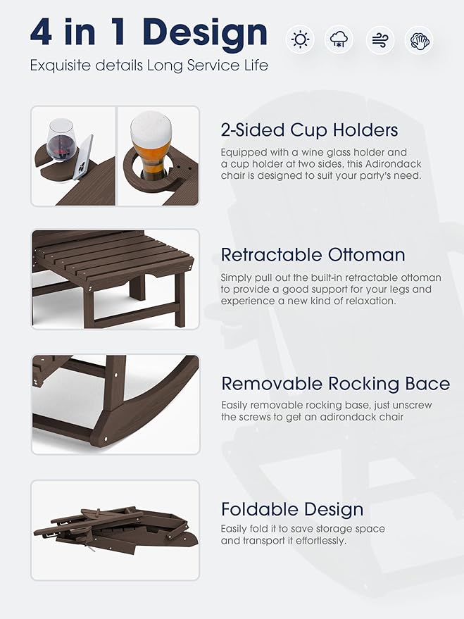KINGYES Adirondack Rocking Chair with Retractable Ottoman and Cup Holders, HDPE Adirondack Rocker Patio Rocking Chair for Porch, Patio, Balcony, Coffee Brown