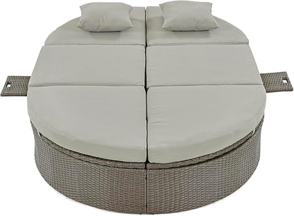 Outdoor Sun Bed Patio 2-Person Daybed with Cushions and Pillows, Rattan Garden Double Reclining Chaise Lounge with Adjustable Backrests and Foldable Cup Trays for Lawn, Poolside (Grey-3.9)
