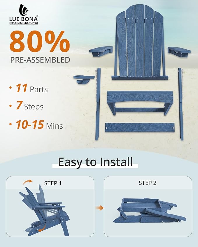 LUE BONA Folding Adirondack Chair, Chairs Set of 2, Cup Holder, Woodgrain, Fire Pit, Patio, Pool, Blue