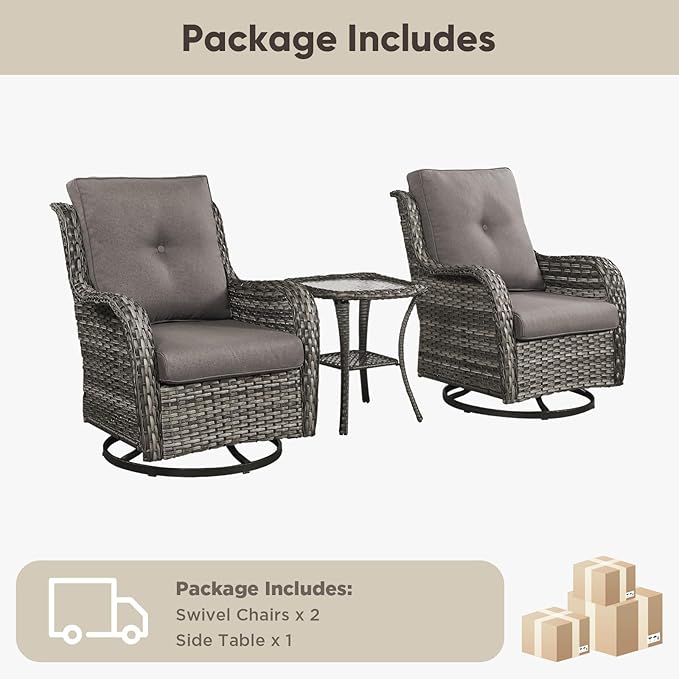 Belord 3 PCS Patio Furniture Set - Mixed Grey Wicker Swivel Rocking Chair Set with Side Table - Photo 8