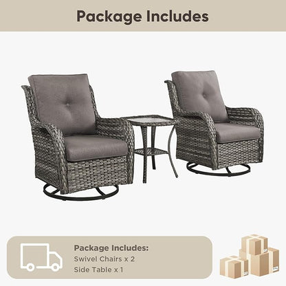 Belord 3 PCS Patio Furniture Set - Mixed Grey Wicker Swivel Rocking Chair Set with Side Table