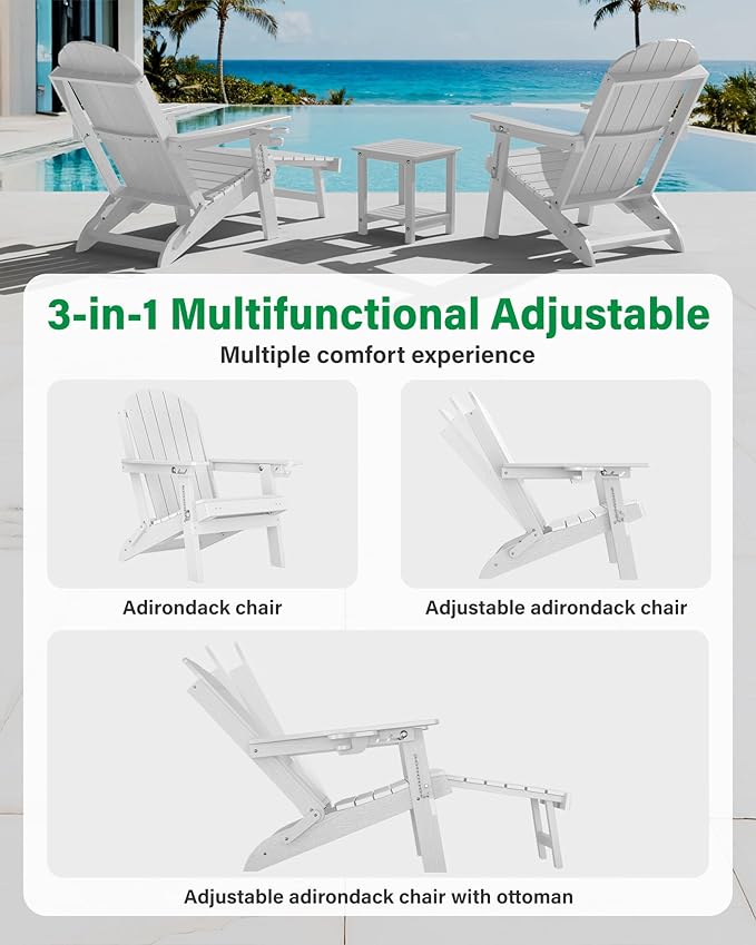 YEFU Adirondack Chair with Retractable Ottoman: Adjustable Folding Adirondack Chairs Set of 2 with Cup Holder - Fire Fit Chairs with Footrest - HDPE Plastic All Weather for Outdoor/Patio/Lawn(White)