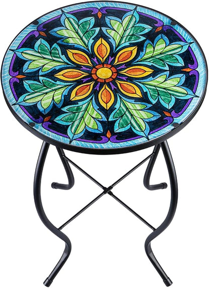 VCUTEKA Outdoor Side Table Mosaic End Table Patio Side Table Small End Table Glass Top Round Balcony Coffee Table Porch Indoor Glass Top
