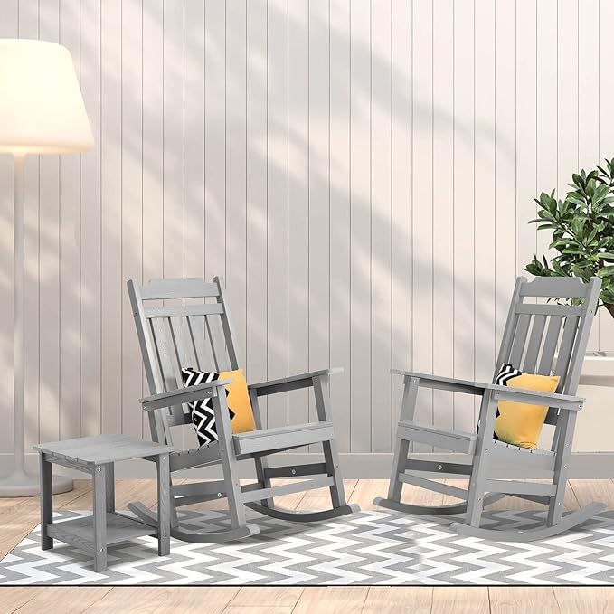 Rocking Chairs Set of 4, All Weather Resistant Poly Lumber Outdoor Porch Rocker, Rocking Chairs for Outdoor, Indoor, Patio, Deck, Garden, Backyard, Load Bearing 380 lbs - Grey