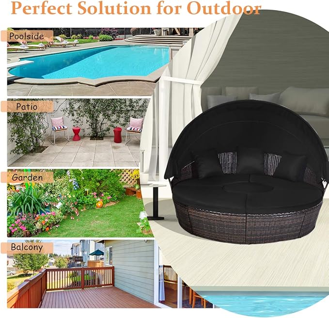 Tangkula Patio Round Daybed with Retractable Canopy, Outdoor Wicker Rattan Furniture Sets - Photo 7