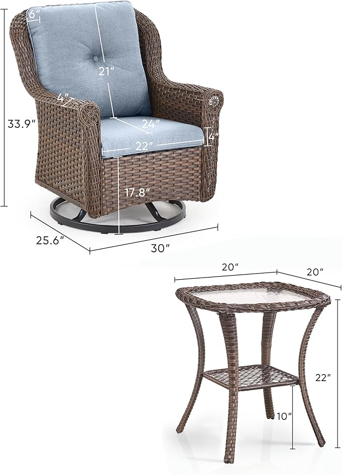 3 Piece Patio Swivel Chairs and Side Table Set - High Back Outdoor Brown Wicker Rattan Rocking Glider with Thick - Photo 3