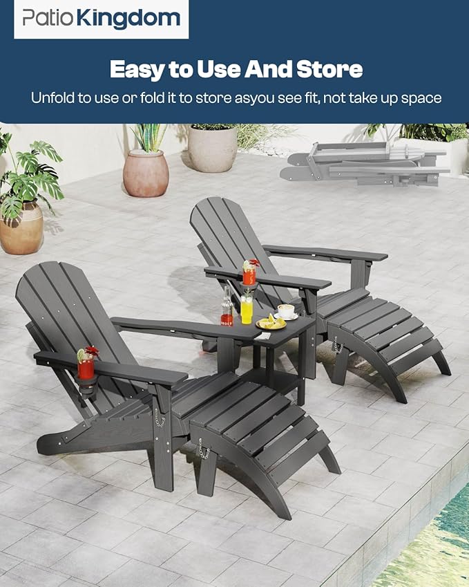 Adirondack Chair with Footrest,Folding Adirondack Chair with Retractable Ottoman,HDPE All Weather Fire Pit Chair with Cup Holder,2-Piece (Grey, 1 Chair &1 footrest)