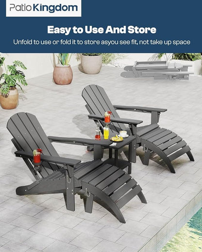 4-Piece Adirondack Chair with Footrest,Folding Adirondack Chair with Retractable Ottoman Set,HDPE All Weather Fire Pit Chair with Cup Holder(Grey, 2 Chair & 2 footrest)