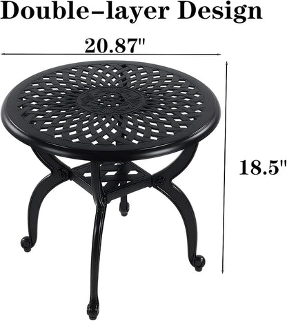 Cast Aluminum Outdoor Side Table, All Weather Round Small Coffee Table for Patio,Park,Lawn,Yard (21" Black)