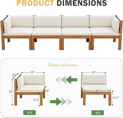 Devoko Patio Sectional Furniture Set 4 Pieces Outdoor Sectional Sofas with Coffee Table, Acacia Outdoor Furniture for Porch, Balcony, Garden