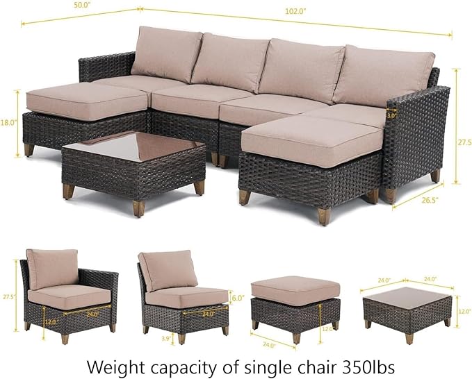Grand patio Sofa Sets Outdoor Furniture Sets, Wicker Patio Furniture 7-Piece Sectional Sofa with Thick Olefin Cushions for Yard Garden Porch for Six (Beige Sofa Set for Six, 7 PCS)