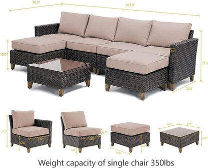 Grand patio Sofa Sets Outdoor Furniture Sets, Wicker Patio Furniture 7-Piece Sectional Sofa with Thick Olefin Cushions for Yard Garden Porch for Six (Beige Sofa Set for Six, 7 PCS)