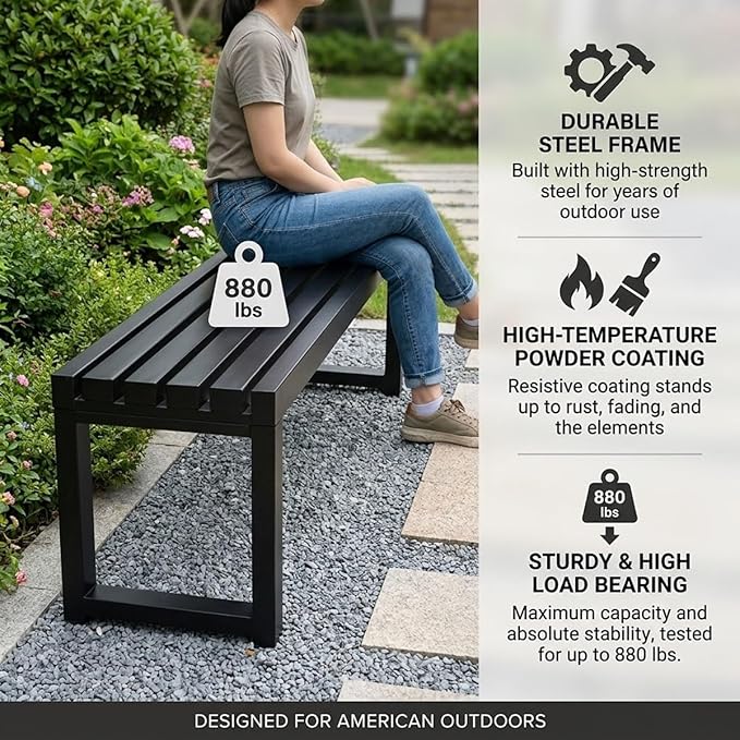 Outdoor Bench Backless Metal Garden Bench, 3.3ft 3.9ft 4.9ft 5.9ft Heavy Duty Weatherproof Patio Bench for 2-3 Person Seating, Steel Park Benches for Outside Yard Front Porch Deck(Green,3.3ft)