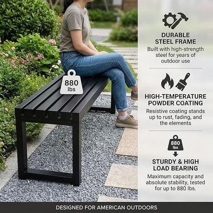 Outdoor Bench Backless Metal Garden Bench, 3.3ft 3.9ft 4.9ft 5.9ft Heavy Duty Weatherproof Patio Bench for 2-3 Person Seating, Steel Park Benches for Outside Yard Front Porch Deck(Black,5.9ft)