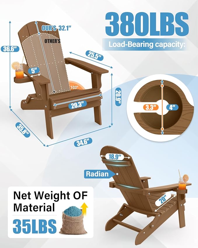 YEFU Adirondack Chair, Foldable Oversized Plastic Adirondack Chair Set of 4 with Cup Holder, Patio Chair with Weather Resistant for Outside Deck Lawn, Weight Capacity Up to 400 Lbs –Teak