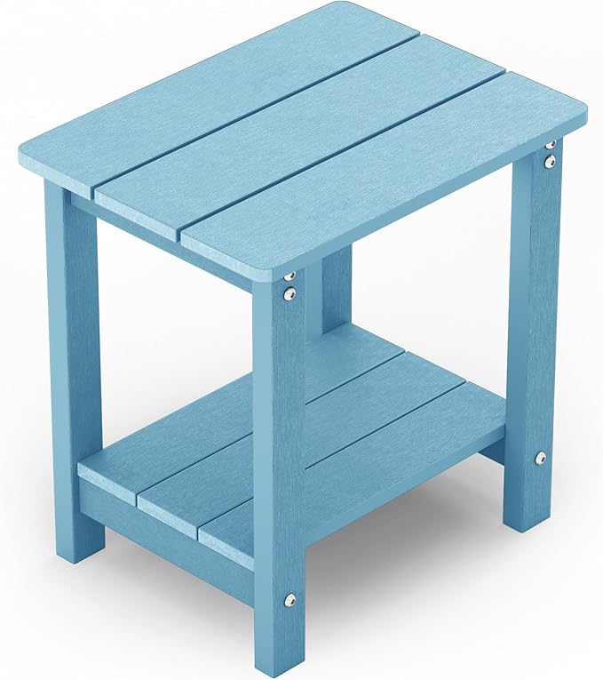 MXIMU Outdoor Side Table for Patio: 16" HIPS Weatherproof Adirondack Table - Small End Tables with Storage for Outside Porch Deck Pool Balcony Backyard - 2 Tier Easy Assembly No Maintenance Blue