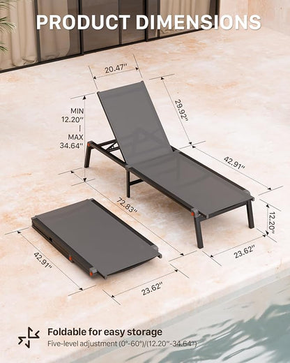 Aluminum Chaise Foldable Patio Lounge Chair Outdoor, Metal Deck Lounger Adjustable 5-Position Recliner Pool Chase Breathable Full Flat Outside Sun Tanning Chairs for Beach/Poolside/Lawn(Grey, 2 Pack)