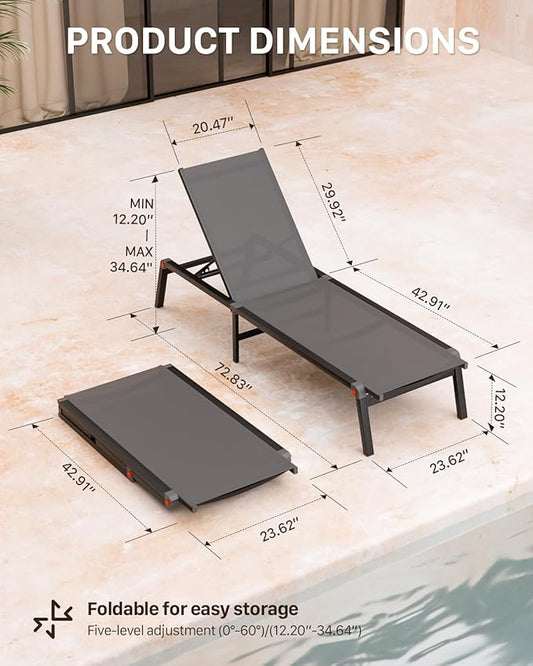 Aluminum Chaise Foldable Patio Lounge Chair Outdoor, Metal Deck Lounger Adjustable 5-Position Recliner Pool Chase Breathable Full Flat Outside Sun Tanning Chairs for Beach/Poolside/Lawn(Grey, 2 Pack)