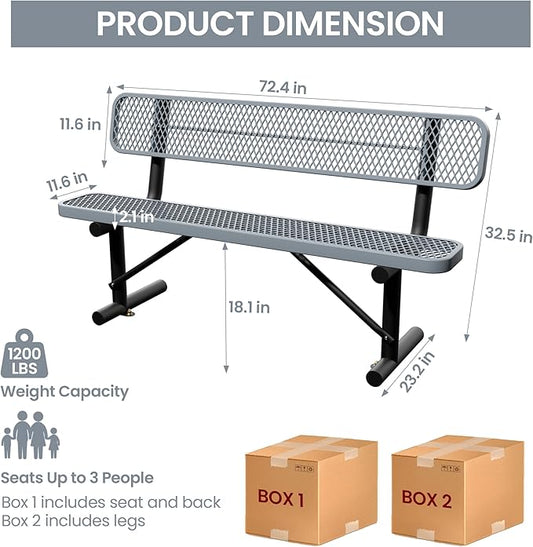 6 Feet Steel Park Bench for Outside, Outdoor Bench with Backrest & Portable Frame, Commercial Benches for Shopping Malls, Stores, Parks, Patios, Decks, Grey