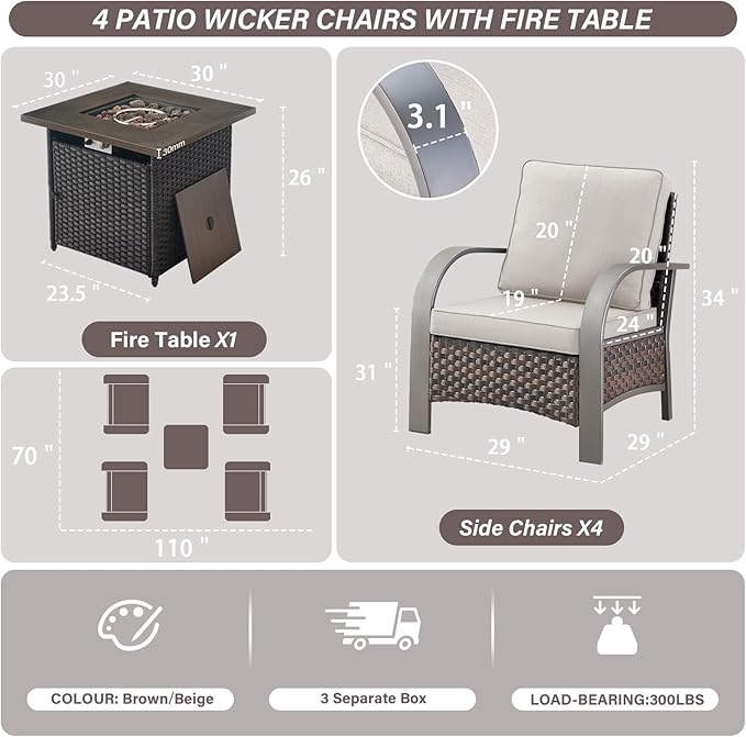 Belord 5 Piece Patio Furniture Set with Fire Pit Table - Outdoor Conversation Set with Propane Fire Pit and 4 Wicker - Photo 2