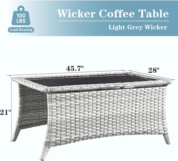 Wicker Outdoor Coffee Table - 46 Inch Tempered Glass Top Patio Coffee Table Can Storage 2 Ottomans, Rattan Outdoor Table Rectangle for Patio for Porch, Balcony, Deck and Garden - Light Gray